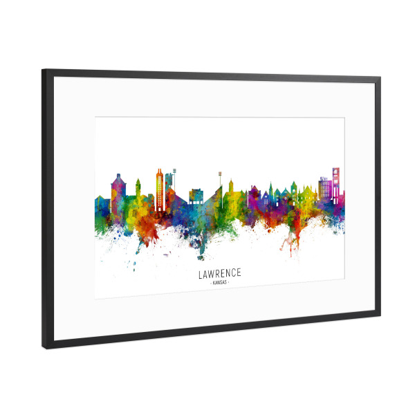 Poster mit Rahmen Schwarz (Metallic) "Lawrence Kansas Skyline txt" artboxONE - Städte