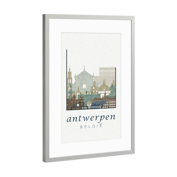 Poster mit Rahmen Silber "Antwerp skyline light blue" artboxONE - Städte,Architektur