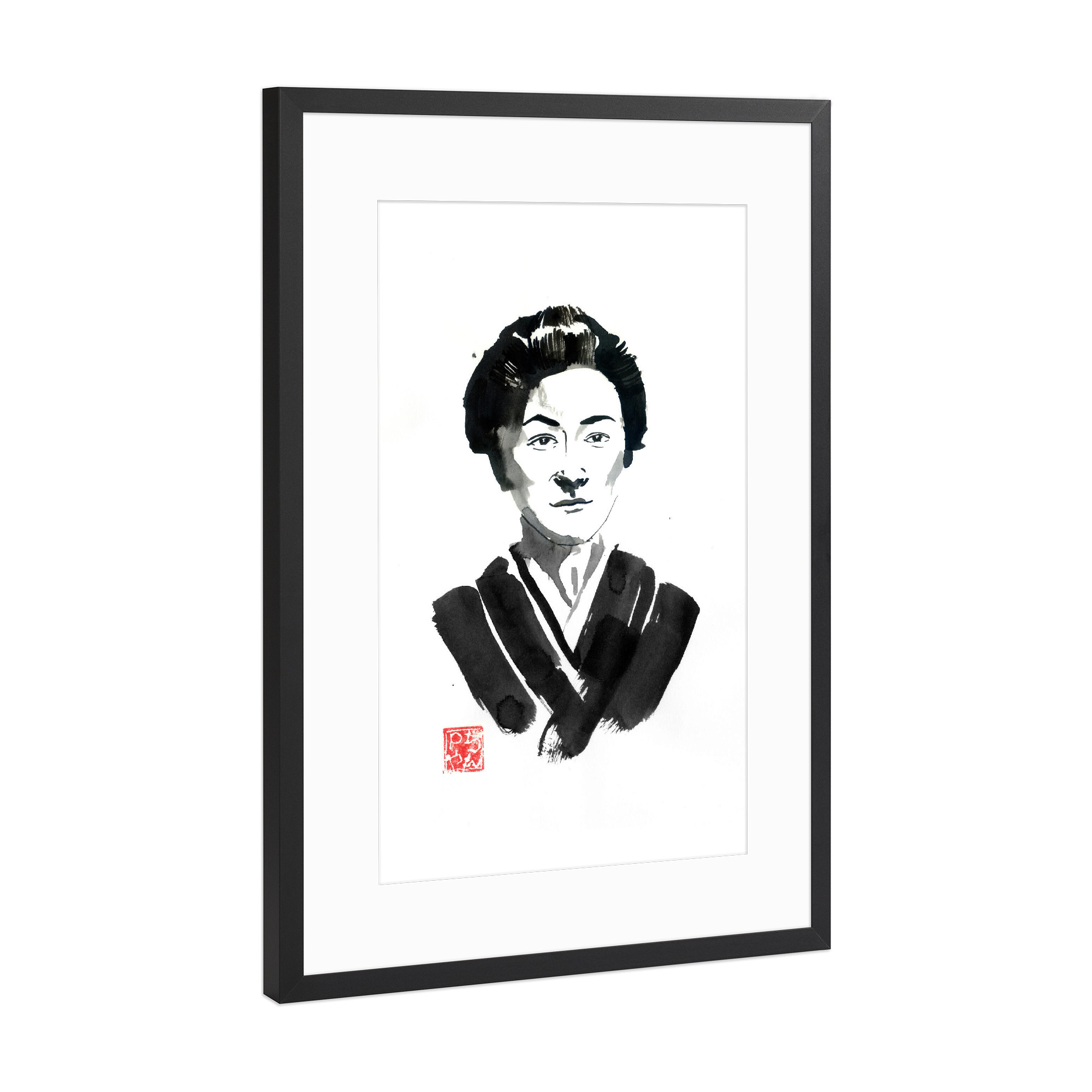 Poster mit Rahmen Schwarz (Metallic) "Japanese woman" artboxONE - Menschen,Schwarzweiß - Woman,Sumie,Japan,Frau,Japanerin,Kimono