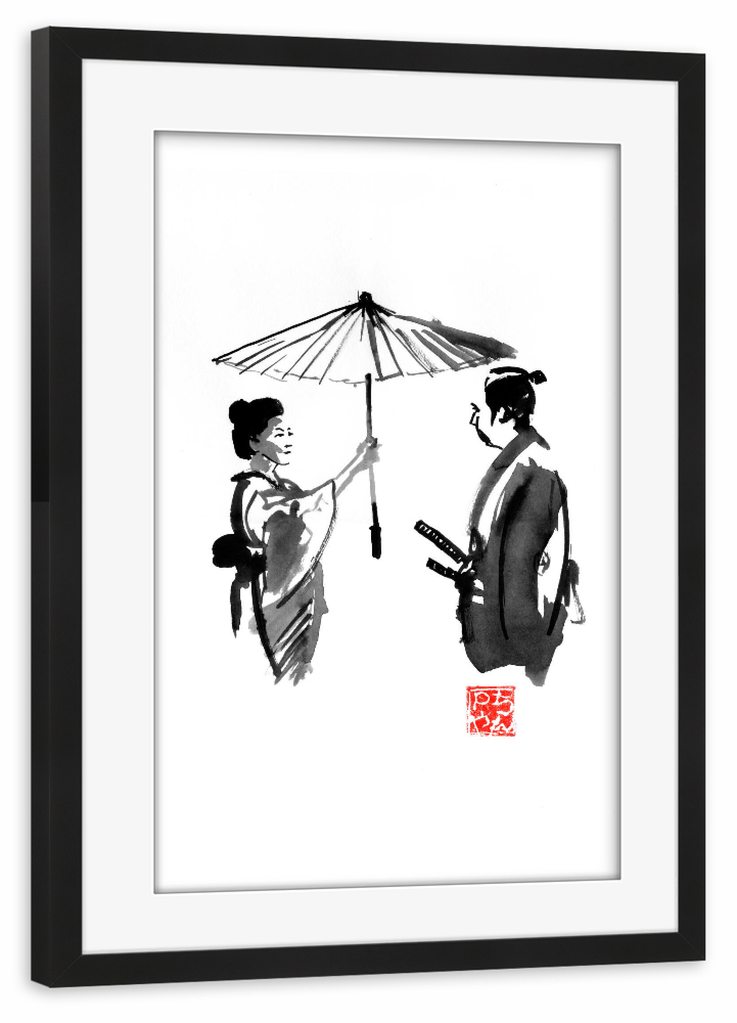Poster mit Rahmen schwarz "Umbrella protection" artboxONE - Menschen,Schwarzweiß - Umbrella,Japan,Geisha,Samurai,Sumie,Menschen