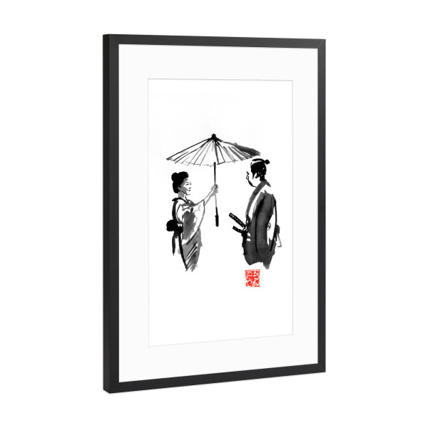 Poster mit Rahmen Schwarz (Metallic) "Umbrella protection" artboxONE - Menschen,Schwarzweiß - Umbrella,Japan,Geisha,Samurai,Sumie,Menschen