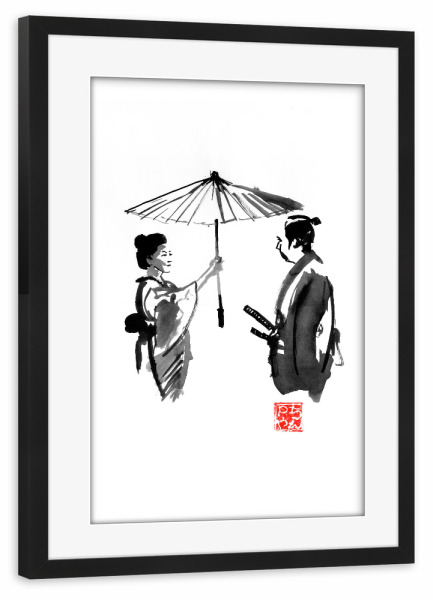 Poster mit Rahmen schwarz "Umbrella protection" artboxONE - Menschen,Schwarzweiß - Umbrella,Japan,Geisha,Samurai,Sumie,Menschen