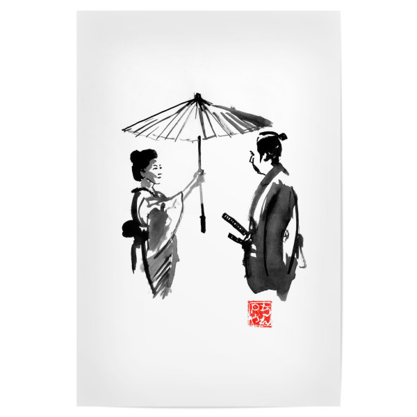 Poster 30x20 cm "Umbrella protection" artboxONE - Menschen,Schwarzweiß - Umbrella,Japan,Geisha,Samurai,Sumie,Menschen