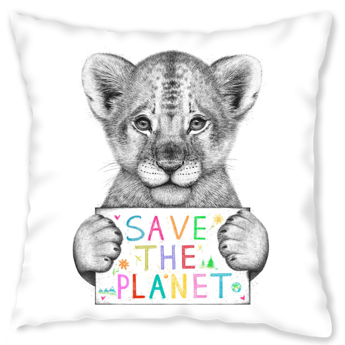 Design-Kissen "Lion cub save the planet" artboxONE - Natur,Tiere,Schwarzweiߟ,Liebe