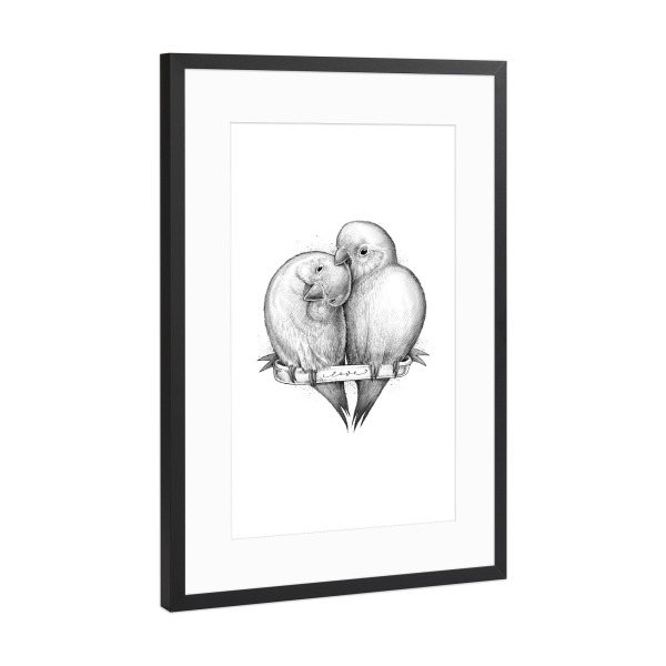 Poster mit Rahmen Schwarz (Metallic) "Cute parrots" artboxONE - Tiere,Schwarzweiß,Liebe