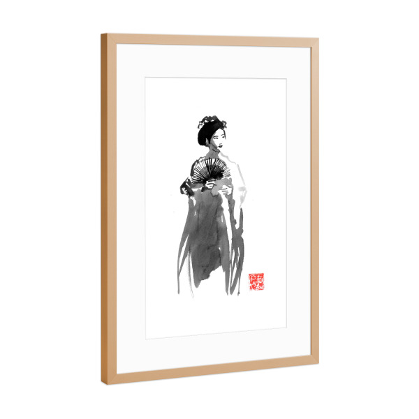 Poster mit Rahmen Kupfer "Geisha and fan" artboxONE - Menschen,Schwarzweiß - Geisha,Japan,Fan,Sumie,Frau,Woman