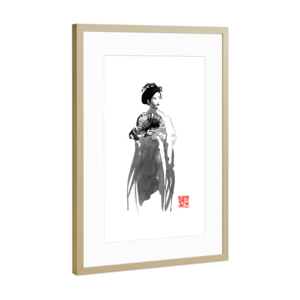 Poster mit Rahmen Gold "Geisha and fan" artboxONE - Menschen,Schwarzweiß - Geisha,Japan,Fan,Sumie,Frau,Woman