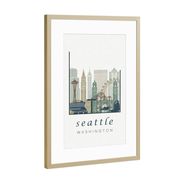 Poster mit Rahmen Gold "Seattle skyline light blue" artboxONE - Städte,Architektur