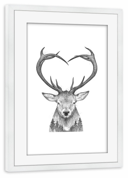 Poster mit Rahmen weiß "Deer with heart" artboxONE - Natur,Tiere,Schwarzweiß,Liebe