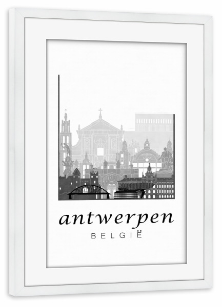 Poster mit Rahmen weiß "Antwerp skyline black & white" artboxONE - Städte,Schwarzweiß,Architektur