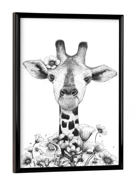 Poster mit schwarzem Rahmen "Giraffe in flowers" artboxONE - Natur,Floral,Tiere,Schwarzweiß,Für Mama,Lustig