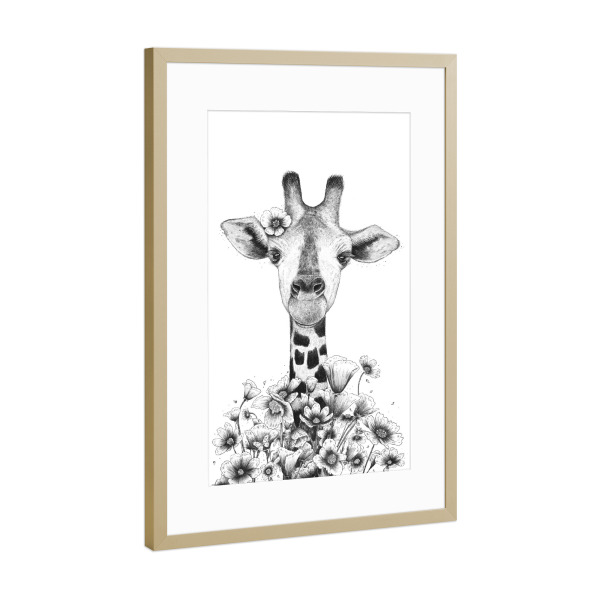 Poster mit Rahmen Gold "Giraffe in flowers" artboxONE - Natur,Floral,Tiere,Schwarzweiß,Für Mama,Lustig