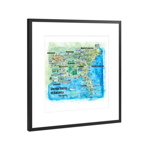Poster mit Rahmen Schwarz (Metallic) "USA Southern States Map" artboxONE - Städte,Reise,Architektur,Kartografie
