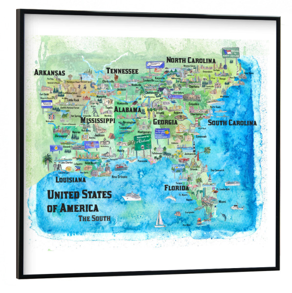 Poster mit schwarzem Rahmen 30x30 cm "USA Southern States Map" artboxONE - Städte,Reise,Architektur,Kartografie