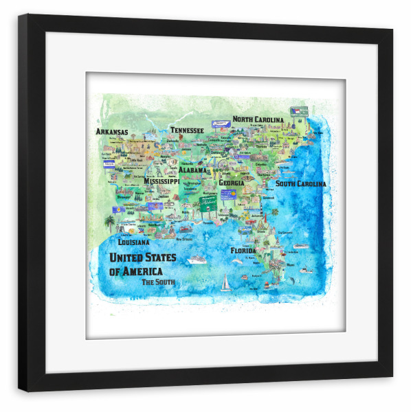 Poster mit Rahmen schwarz "USA Southern States Map" artboxONE - Städte,Reise,Architektur,Kartografie