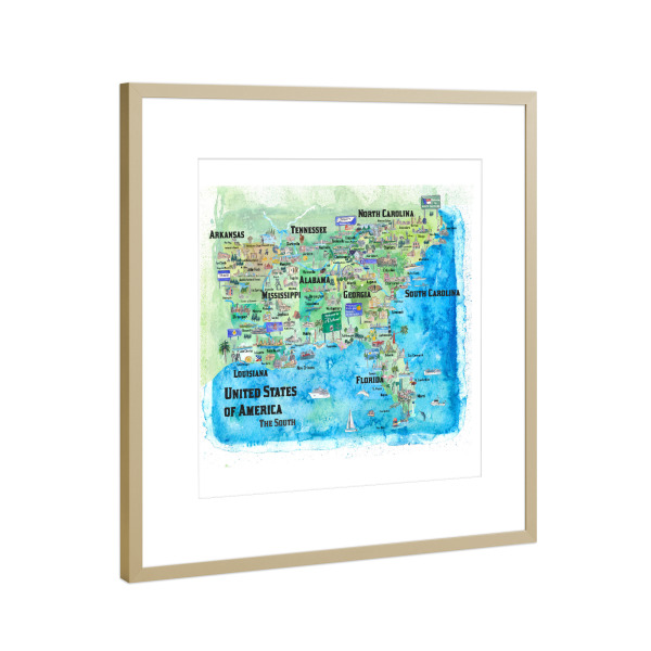 Poster mit Rahmen Gold "USA Southern States Map" artboxONE - Städte,Reise,Architektur,Kartografie
