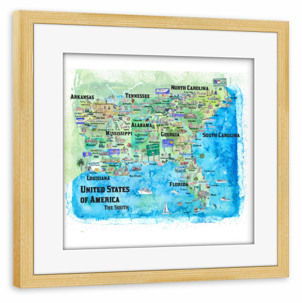 Poster mit Rahmen kiefer "USA Southern States Map" artboxONE - Städte,Reise,Architektur,Kartografie