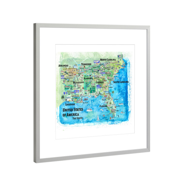 Poster mit Rahmen Silber "USA Southern States Map" artboxONE - Städte,Reise,Architektur,Kartografie