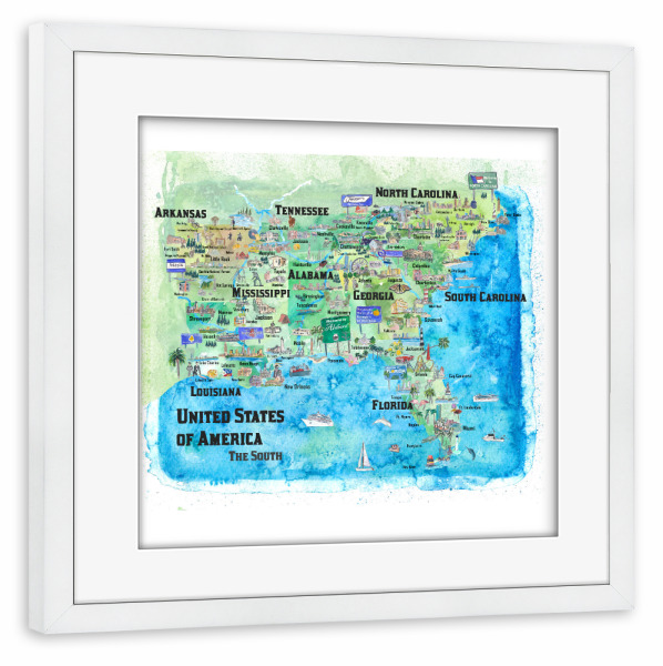 Poster mit Rahmen weiß "USA Southern States Map" artboxONE - Städte,Reise,Architektur,Kartografie