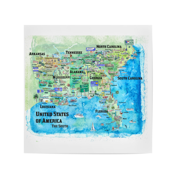 Poster 20x20 cm "USA Southern States Map" artboxONE - Städte,Reise,Architektur,Kartografie
