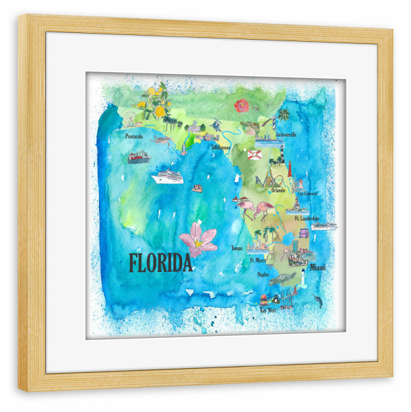 Poster mit Rahmen kiefer "Florida Travel Map" artboxONE - Städte,Reise,Reise / Strand und Meer,Kartografie
