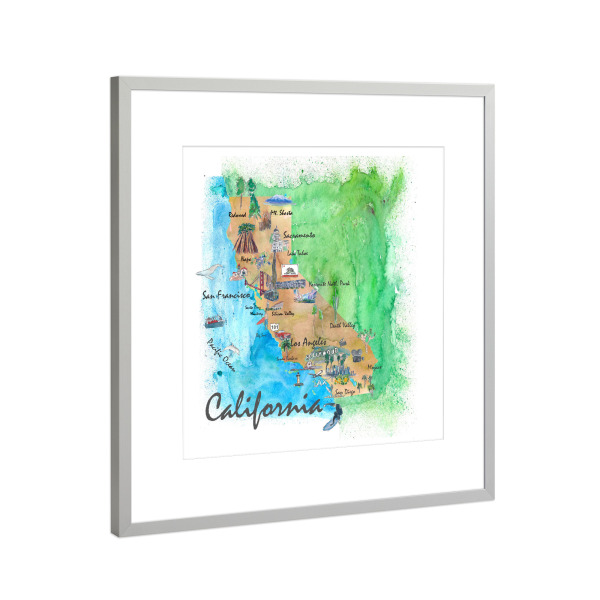 Poster mit Rahmen Silber "California Travel Map" artboxONE - Reise / Strand und Meer,Städte / San Francisco,Städte / Los Angeles,Kartografie