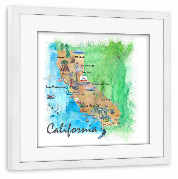 Poster mit Rahmen weiß "California Travel Map" artboxONE - Reise / Strand und Meer,Städte / San Francisco,Städte / Los Angeles,Kartografie