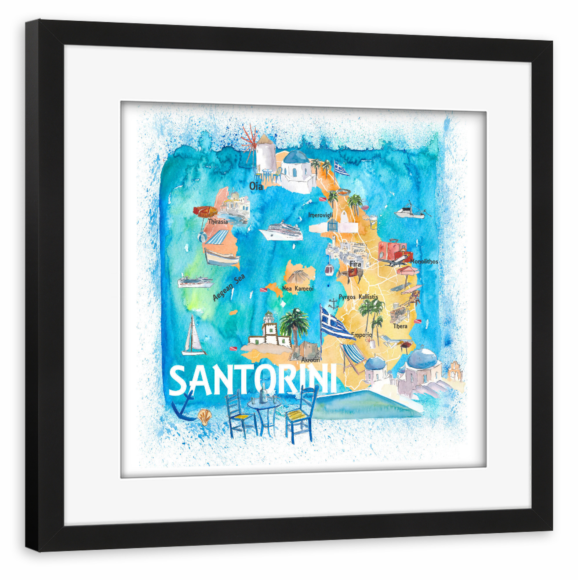 Poster mit Rahmen schwarz "Santorin Illustrierte Karte" artboxONE - Architektur,Reise / Strand und Meer,Buchstaben / S,Kartografie