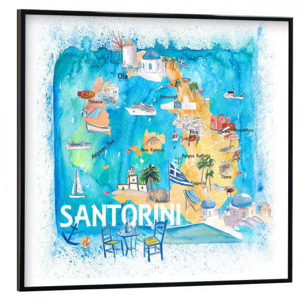 Poster mit schwarzem Rahmen 30x30 cm "Santorin Illustrierte Karte" artboxONE - Architektur,Reise / Strand und Meer,Buchstaben / S,Kartografie