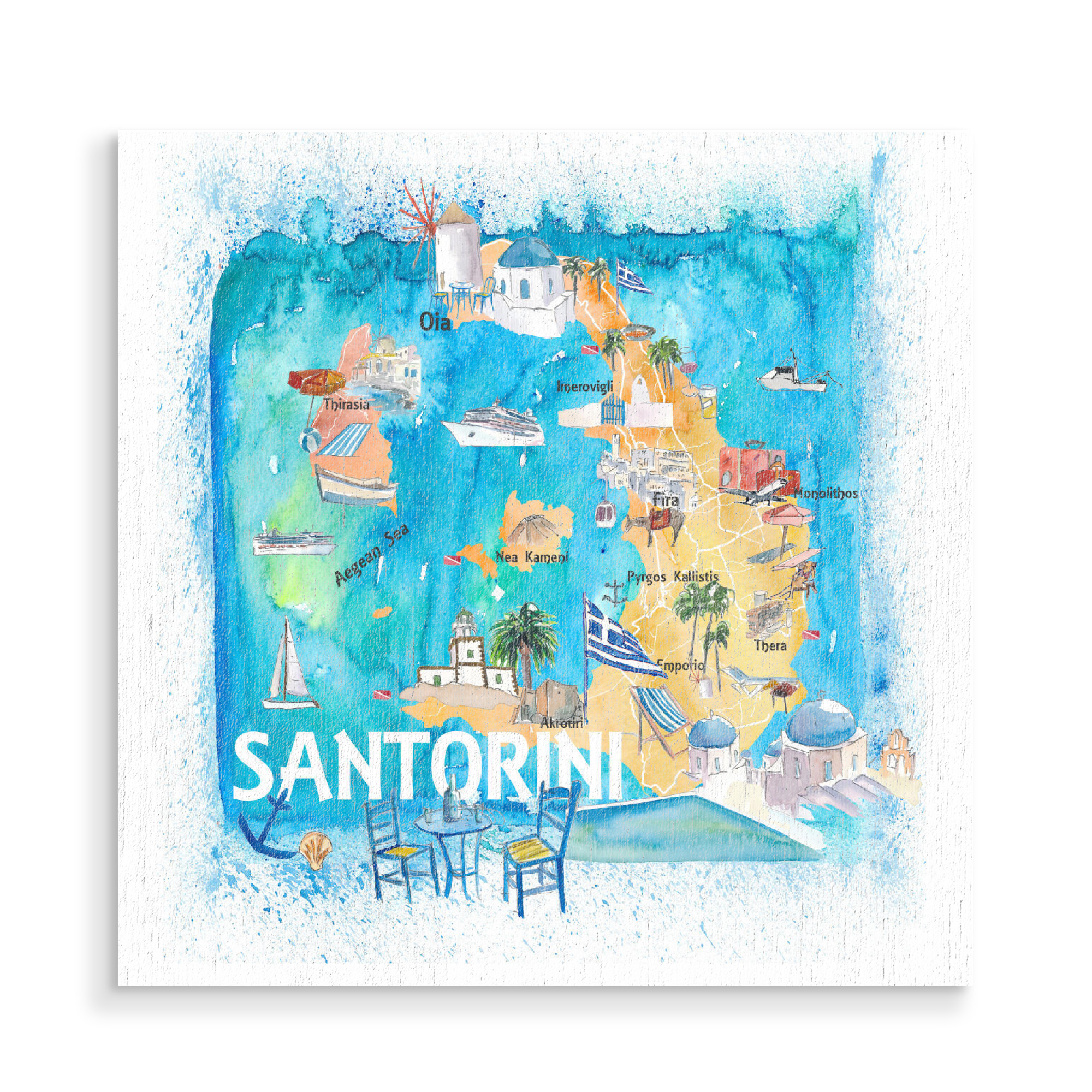 Holzbild "Santorin Illustrierte Karte" artboxONE - Architektur,Reise / Strand und Meer,Buchstaben / S,Kartografie