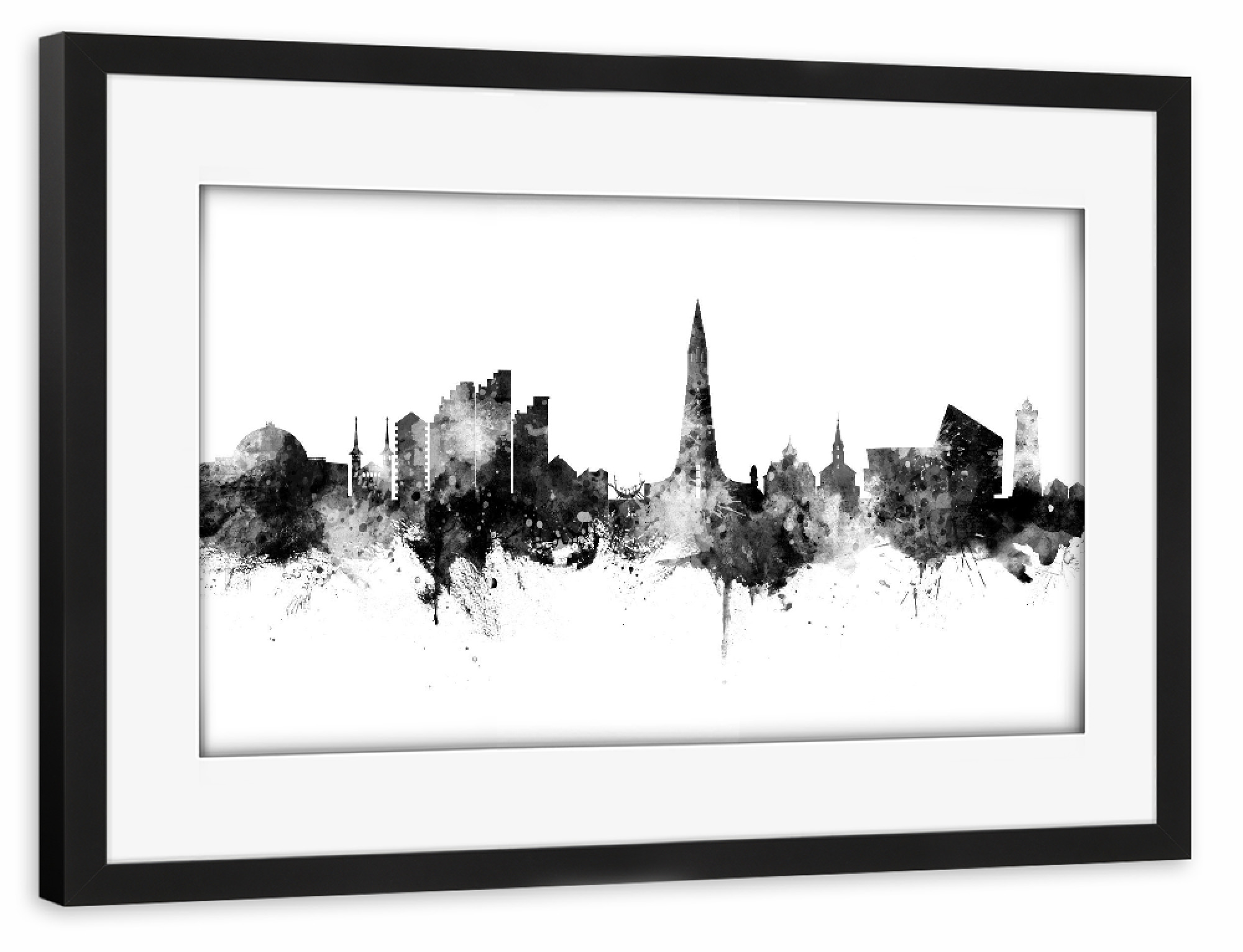Poster mit Rahmen schwarz "Reykjavík Iceland Skyline Black" artboxONE - Städte,Schwarzweiß