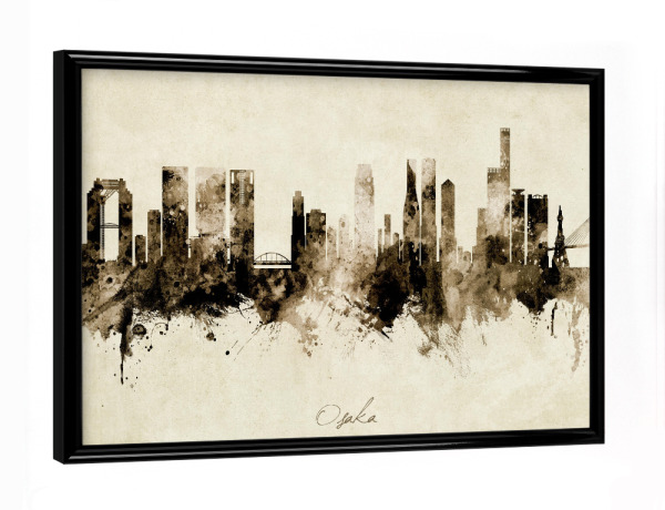 Poster mit schwarzem Rahmen "Osaka Japan Skyline Sepia" artboxONE - Städte - Osaka,Japan,Skyline,Cityscape,Stadtbild,Watercolor,City,Stadt