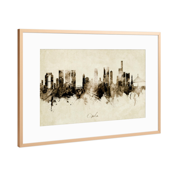 Poster mit Rahmen Kupfer "Osaka Japan Skyline Sepia" artboxONE - Städte - Osaka,Japan,Skyline,Cityscape,Stadtbild,Watercolor,City,Stadt