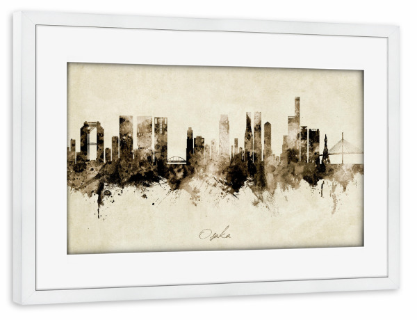 Poster mit Rahmen weiß "Osaka Japan Skyline Sepia" artboxONE - Städte - Osaka,Japan,Skyline,Cityscape,Stadtbild,Watercolor,City,Stadt