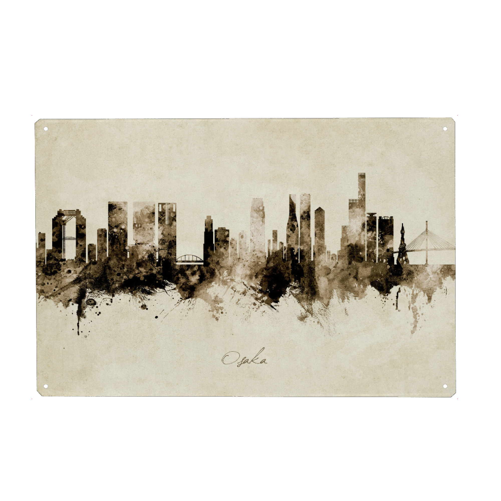 Metall Poster "Osaka Japan Skyline Sepia" artboxONE - Städte - Osaka,Japan,Skyline,Cityscape,Stadtbild,Watercolor,City,Stadt - Blechschild