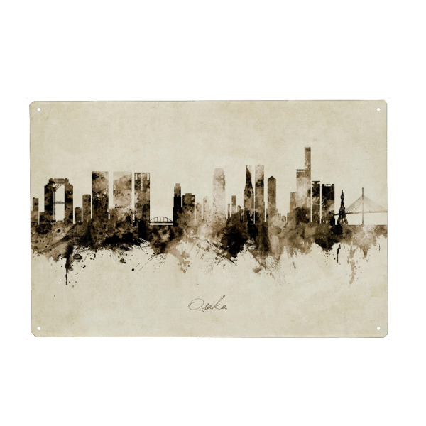 Holzbild "Osaka Japan Skyline Sepia" artboxONE - Städte - Osaka,Japan,Skyline,Cityscape,Stadtbild,Watercolor,City,Stadt