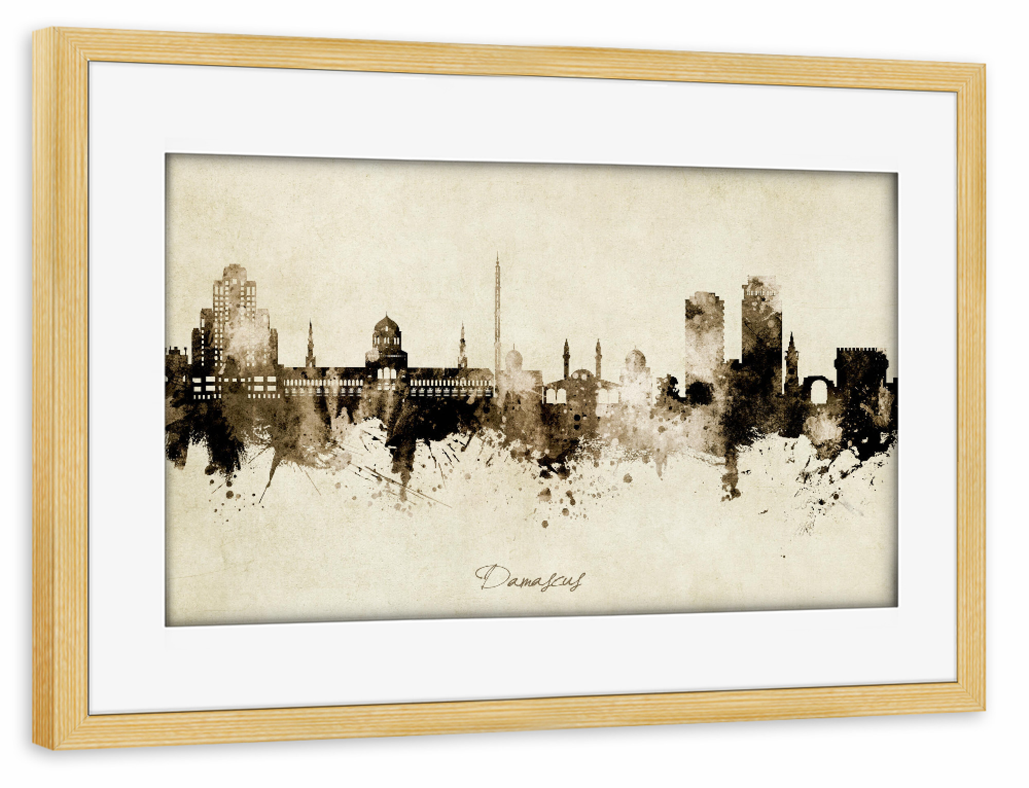 Poster mit Rahmen kiefer "Damascus Syria Skyline Sepia" artboxONE - Städte - Damascus,Syria,Skyline,Cityscape,Stadtbild,Watercolor,Syrien,City,Stadt