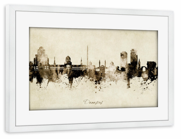 Poster mit Rahmen weiß "Damascus Syria Skyline Sepia" artboxONE - Städte - Damascus,Syria,Skyline,Cityscape,Stadtbild,Watercolor,Syrien,City,Stadt
