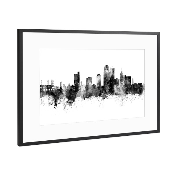 Poster mit Rahmen Schwarz (Metallic) "Winston-Salem Skyline Black" artboxONE - Städte,Schwarzweiß