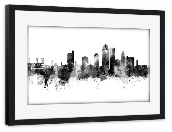 Poster mit Rahmen schwarz "Winston-Salem Skyline Black" artboxONE - Städte,Schwarzweiß