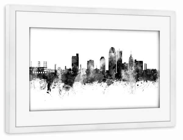 Poster mit Rahmen weiß "Winston-Salem Skyline Black" artboxONE - Städte,Schwarzweiß