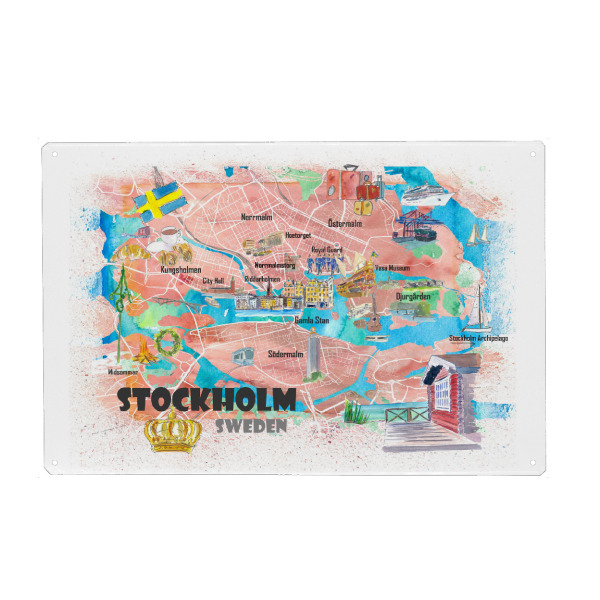 Metall Poster "Stockholm Sweden Illustrated Map" artboxONE - Städte,Reise,Architektur,Städte / Stockholm,Kartografie