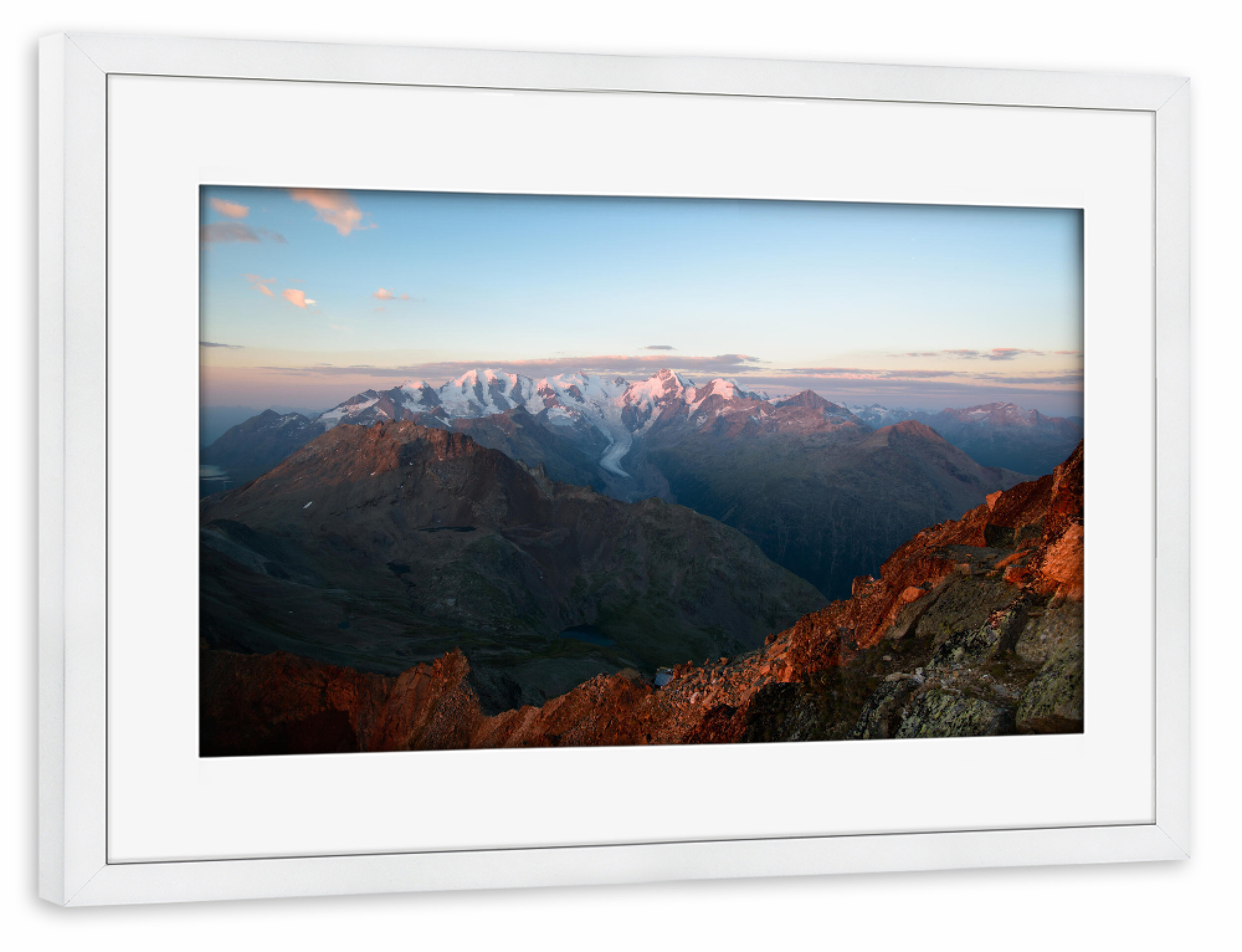 Poster mit Rahmen weiß "Sunrise from Piz Languard" artboxONE - Natur