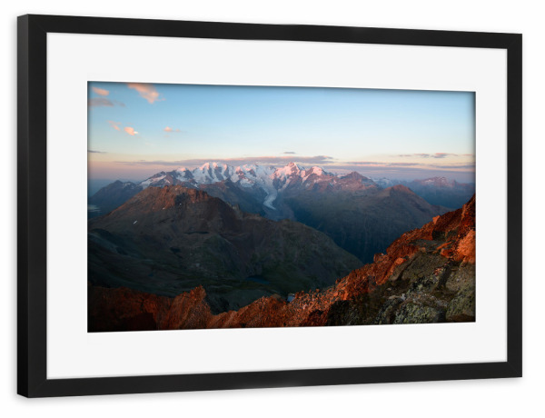 Poster mit Rahmen schwarz "Sunrise from Piz Languard" artboxONE - Natur