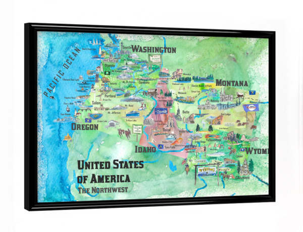 Poster mit schwarzem Rahmen "USA Northwest Illustrated Map" artboxONE - Reise,Kartografie