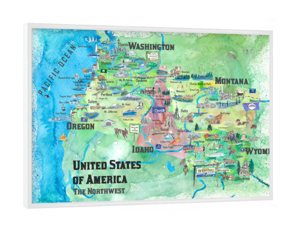 Poster mit weißem Rahmen "USA Northwest Illustrated Map" artboxONE - Reise,Kartografie