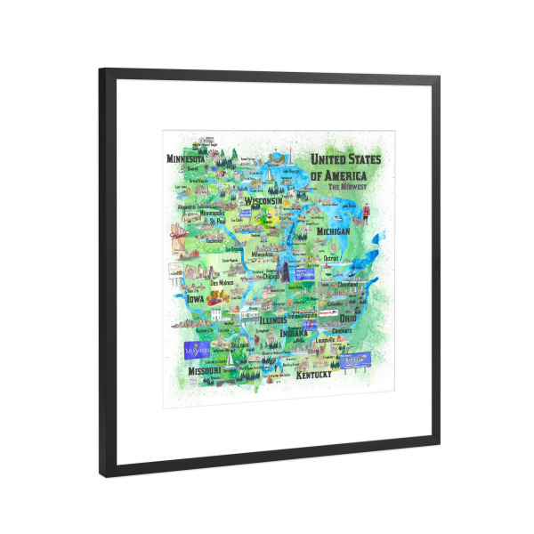 Poster mit Rahmen Schwarz (Metallic) "USA Midwest States Travel Map" artboxONE - Städte,Reise,Städte / Chicago,Kartografie