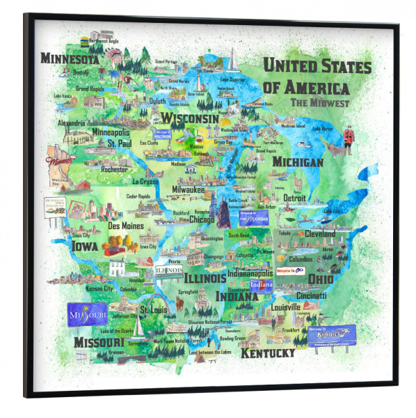 Poster mit schwarzem Rahmen 30x30 cm "USA Midwest States Travel Map" artboxONE - Städte,Reise,Städte / Chicago,Kartografie