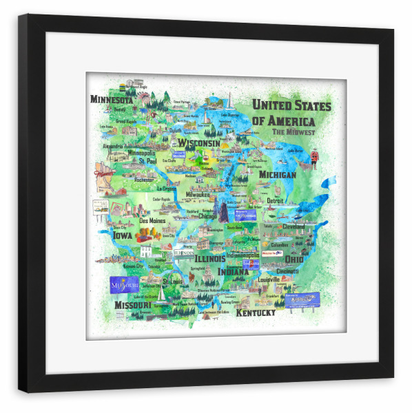 Poster mit Rahmen schwarz "USA Midwest States Travel Map" artboxONE - Städte,Reise,Städte / Chicago,Kartografie
