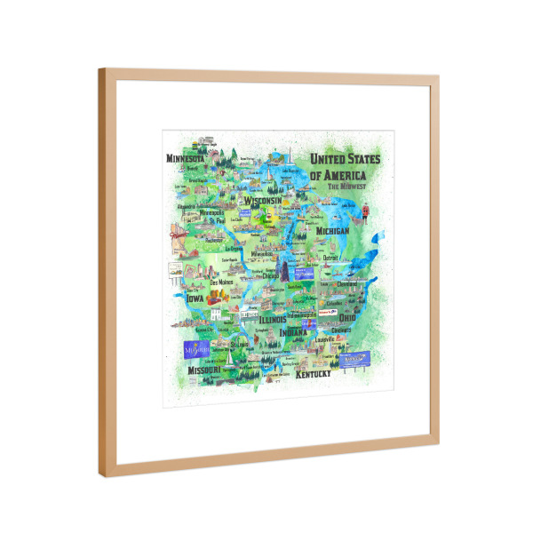 Poster mit Rahmen Kupfer "USA Midwest States Travel Map" artboxONE - Städte,Reise,Städte / Chicago,Kartografie